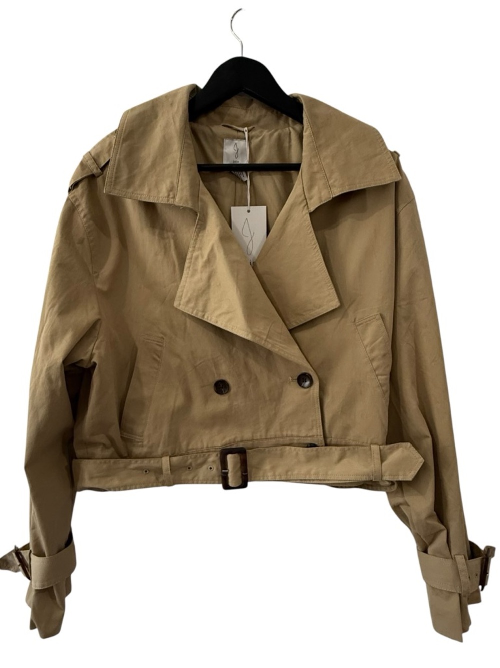NWT Joie Belted Cropped Trench Jacket Tan Double Breasted Chic Modern size Large
